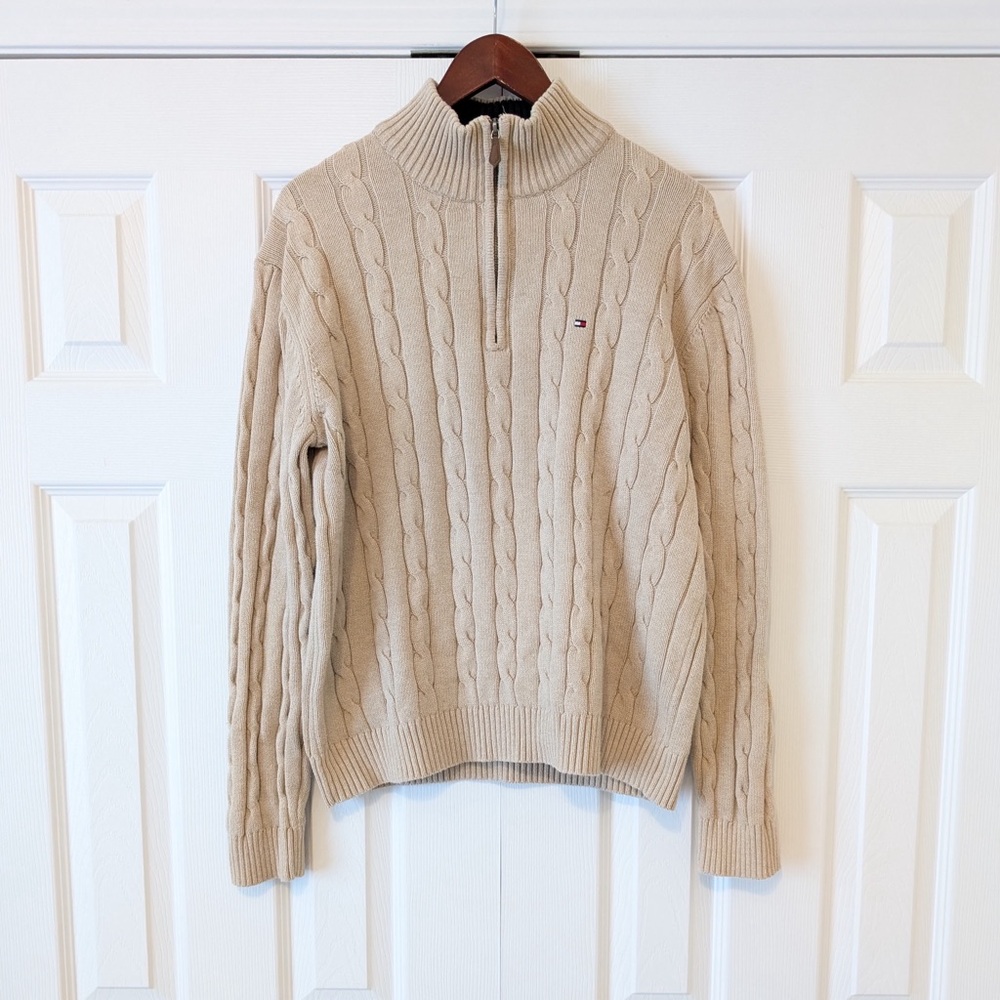 Size L Tommy Hilfiger 100% Cotton Y2K Vintage Cream Chunky Knit Quarter Zip